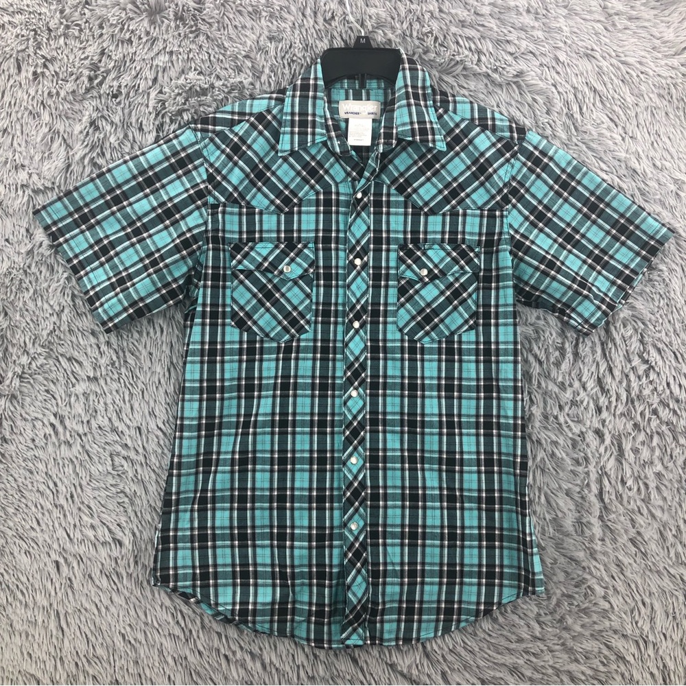 Wrangler Shirt Mens Medium Pearl Snap Green Black Western Short Sleeve